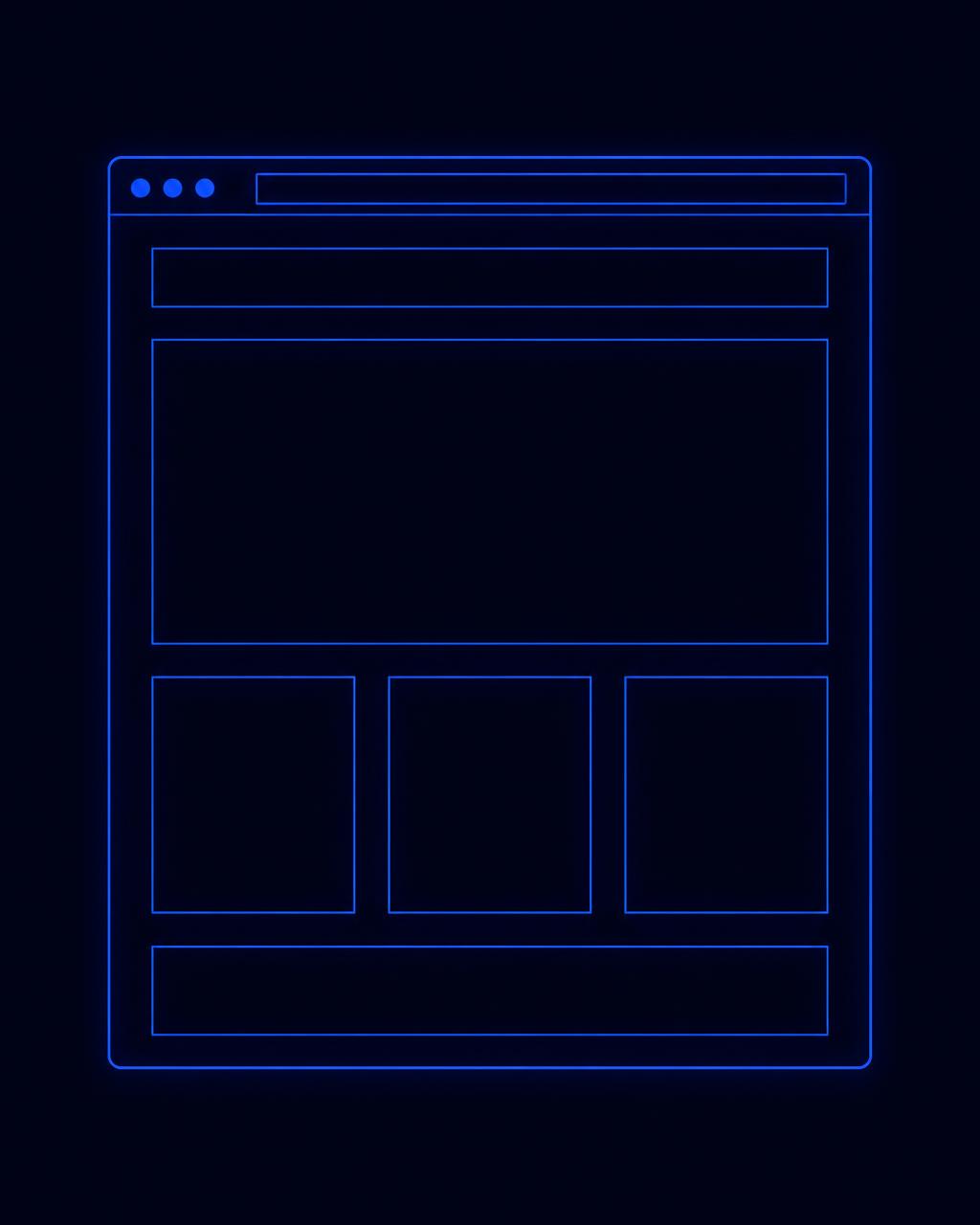 A blank website wireframe mockup rendered as glowing blue lines on a deep navy background, representing bespoke web design work